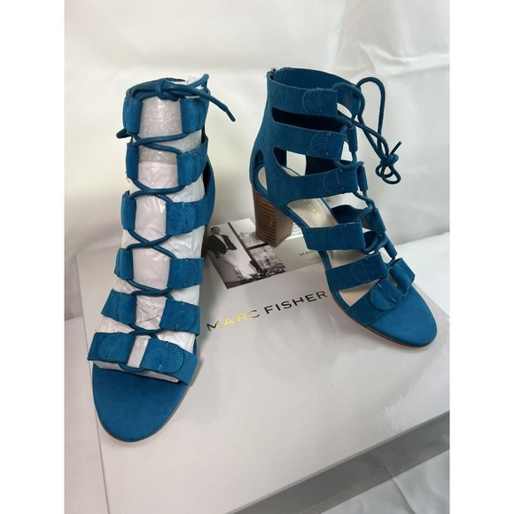Marc Fisher Paradox Suede Lace Up Block Heel Sandal Womens 6M Teal Blue New‎ - Picture 1 of 7